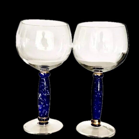 Hand-blown Art Deco Wiine Glasses Blue & Gold Stem clear bowl c. 1930 Vintage - Picture 5 of 5